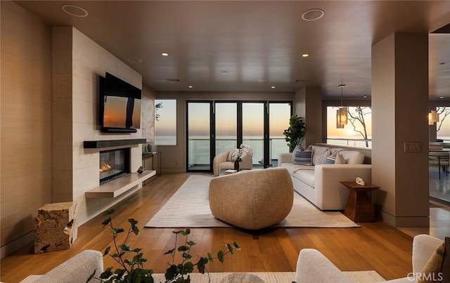 living room with a tiled fireplace and light hardwood / wood-style floors