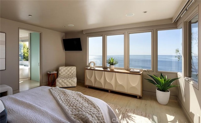 bedroom with multiple windows and light hardwood / wood-style flooring