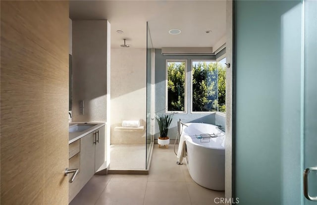 bathroom featuring vanity and independent shower and bath