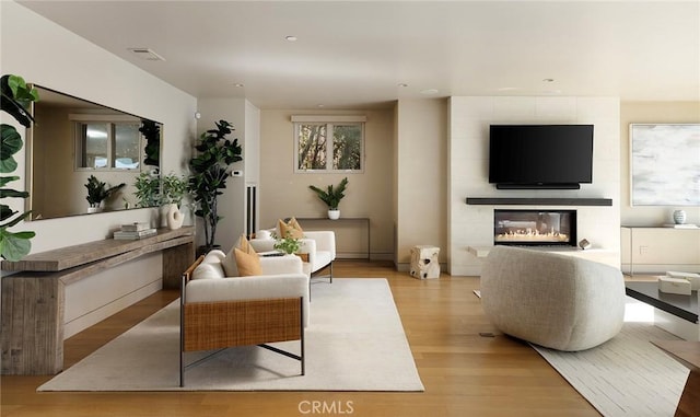 living room featuring a tile fireplace and light wood-type flooring