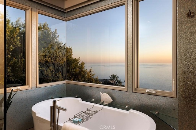 bathroom with a bath and a water view