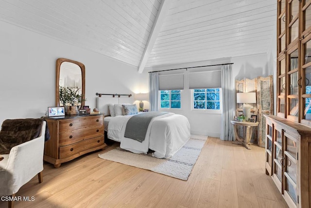 bedroom with wood ceiling, lofted ceiling with beams, and light wood-type flooring