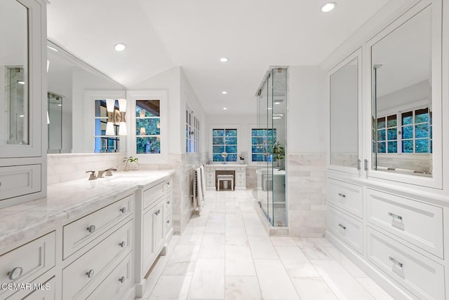 bathroom featuring vanity, a shower with shower door, tile walls, and a wealth of natural light