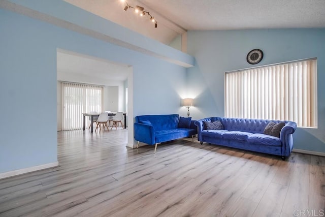 living room featuring lofted ceiling with beams and light wood-type flooring