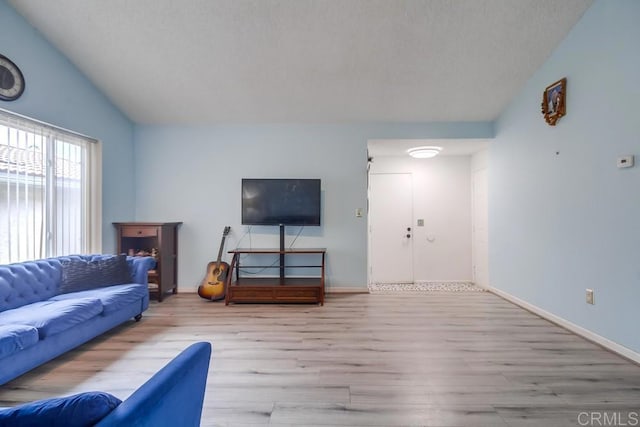 living room featuring lofted ceiling and light hardwood / wood-style flooring