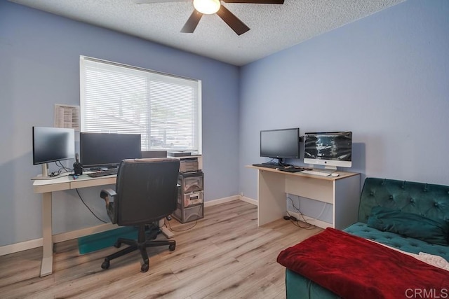 office space with ceiling fan, a textured ceiling, and light hardwood / wood-style floors