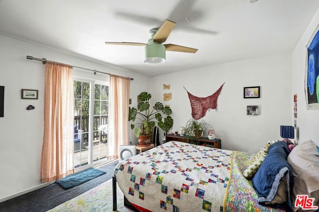 carpeted bedroom with ceiling fan and access to outside