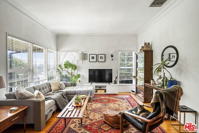 living room with ornamental molding and hardwood / wood-style floors