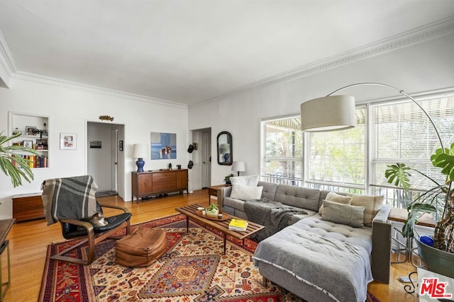 living room with crown molding and light wood-type flooring