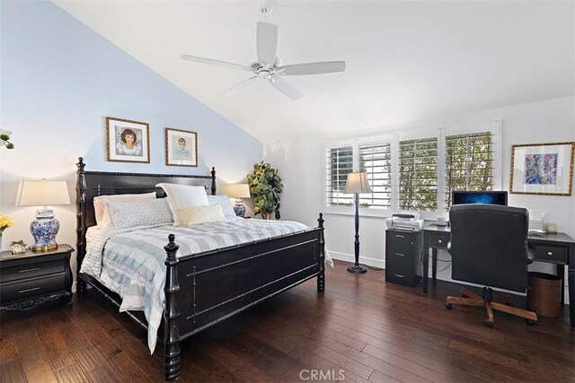 bedroom featuring ceiling fan, lofted ceiling, and dark hardwood / wood-style flooring