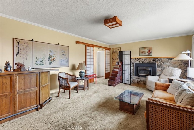 living room with crown molding, carpet floors, and a textured ceiling