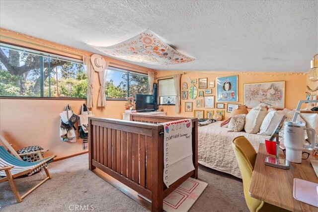 carpeted bedroom with vaulted ceiling and a textured ceiling