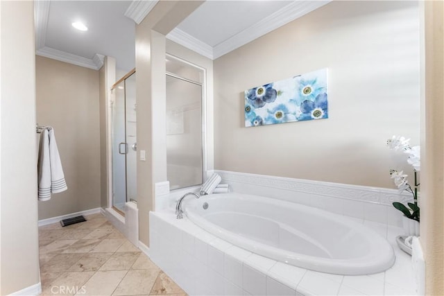 bathroom with tile patterned floors, ornamental molding, and shower with separate bathtub