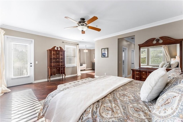 bedroom with access to exterior, crown molding, dark hardwood / wood-style floors, and ceiling fan