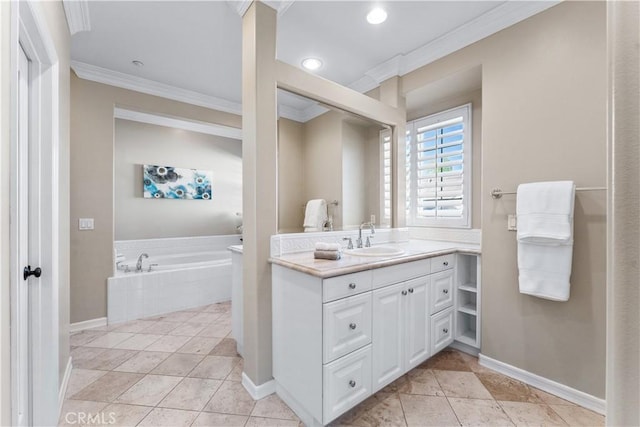 bathroom featuring crown molding, tile patterned floors, vanity, and tiled tub