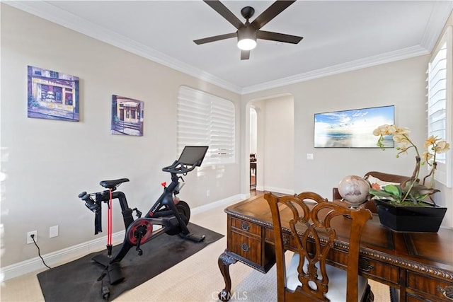 exercise room with crown molding and ceiling fan