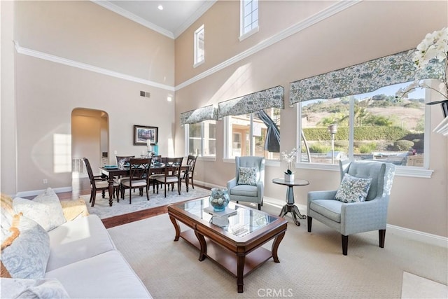 living room featuring crown molding, carpet floors, and a high ceiling