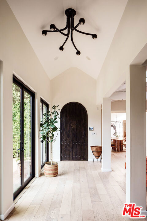 entryway featuring lofted ceiling and light hardwood / wood-style floors