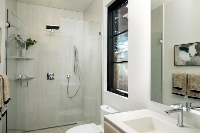 bathroom with vanity, a shower with shower door, a healthy amount of sunlight, and toilet