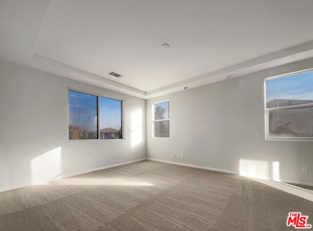 spare room featuring a tray ceiling and carpet