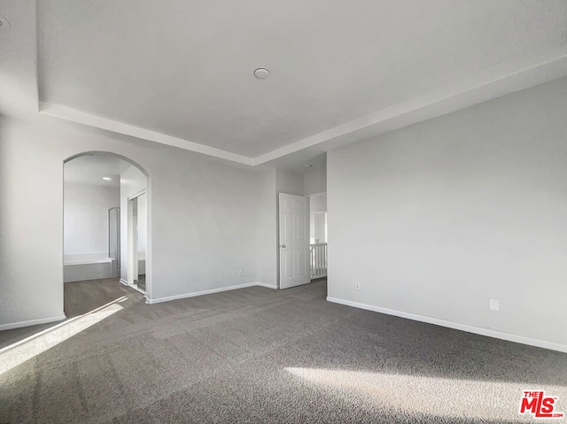 carpeted empty room with a tray ceiling