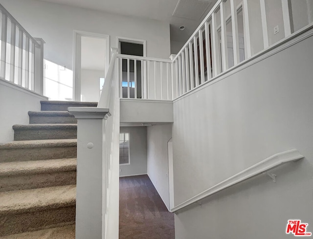 stairs featuring a high ceiling and carpet floors