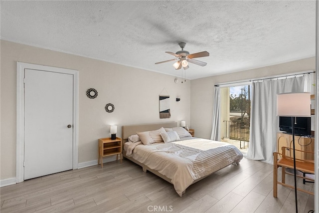 bedroom with light hardwood / wood-style flooring, ceiling fan, access to outside, and a textured ceiling