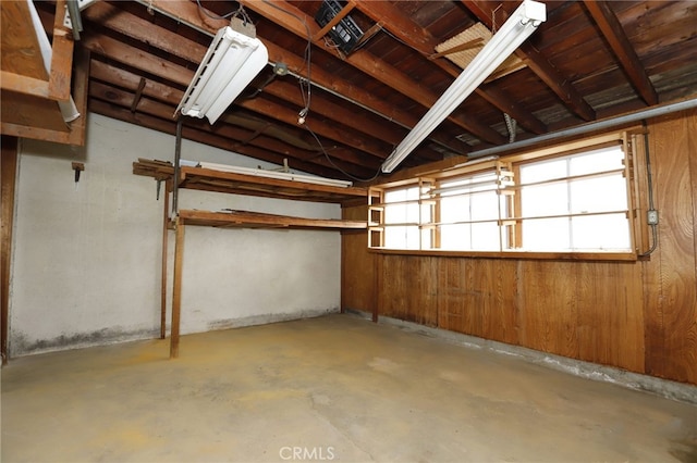 basement featuring plenty of natural light and wood walls