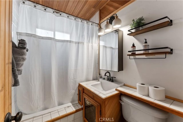 bathroom with vanity, walk in shower, wooden ceiling, and toilet