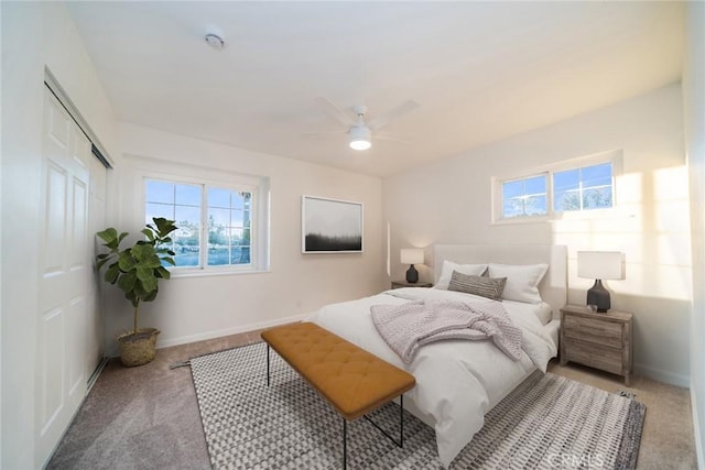 bedroom featuring carpet flooring, ceiling fan, and a closet