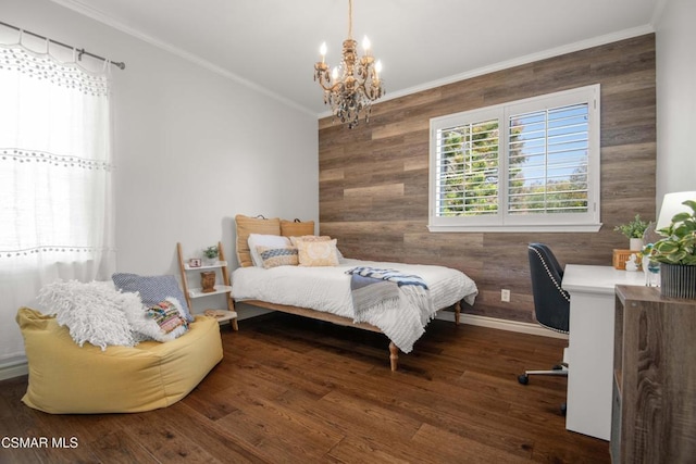 bedroom featuring dark wood-type flooring, a notable chandelier, ornamental molding, and wood walls