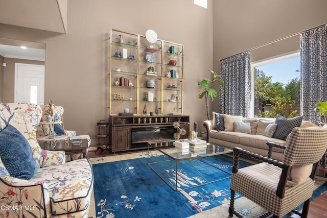 living room with hardwood / wood-style floors and crown molding