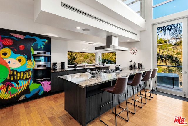 kitchen with light hardwood / wood-style flooring, stainless steel appliances, island exhaust hood, a kitchen bar, and kitchen peninsula