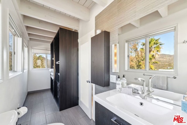 bathroom featuring vanity and beam ceiling