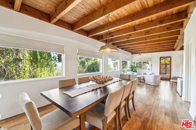 sunroom featuring beamed ceiling, plenty of natural light, and wooden ceiling