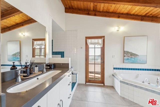 bathroom featuring wood ceiling, tile patterned floors, vanity, and vaulted ceiling with beams