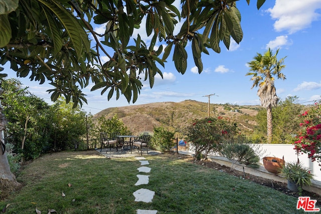 view of yard featuring a patio and a mountain view