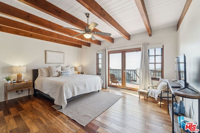 bedroom featuring dark hardwood / wood-style flooring, access to exterior, and beam ceiling