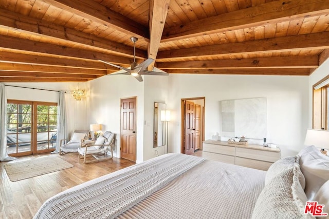 bedroom with wood-type flooring, access to exterior, lofted ceiling with beams, and wooden ceiling