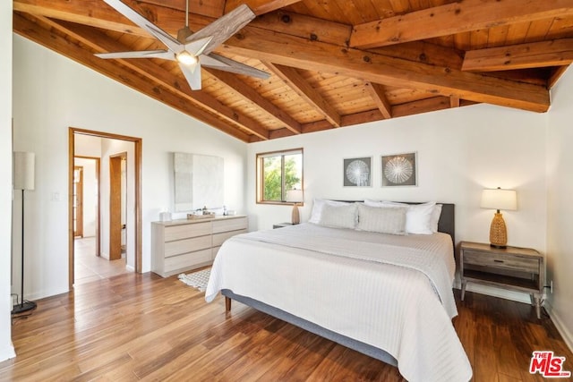 bedroom with wood ceiling, lofted ceiling with beams, and light wood-type flooring