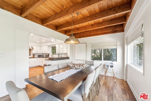 dining space with wood ceiling, beam ceiling, and light wood-type flooring