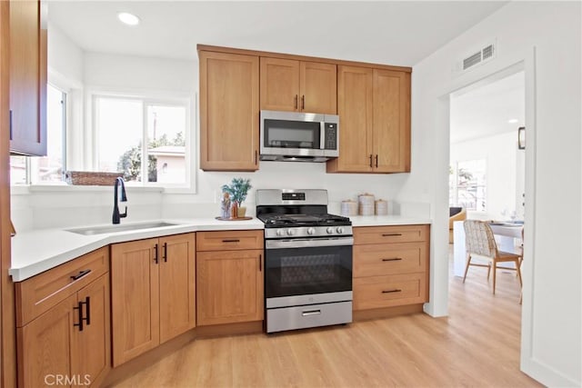 kitchen featuring stainless steel appliances, plenty of natural light, sink, and light hardwood / wood-style floors