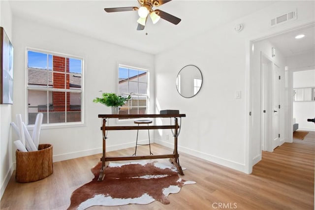 office area featuring ceiling fan and light wood-type flooring