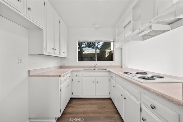 kitchen with dark hardwood / wood-style floors, sink, white electric stovetop, and white cabinets