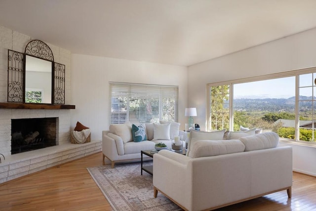 living room featuring a mountain view, light hardwood / wood-style flooring, and a fireplace