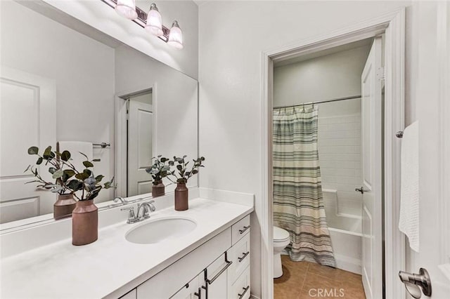 full bathroom with tile patterned flooring, vanity, shower / bath combo, and toilet