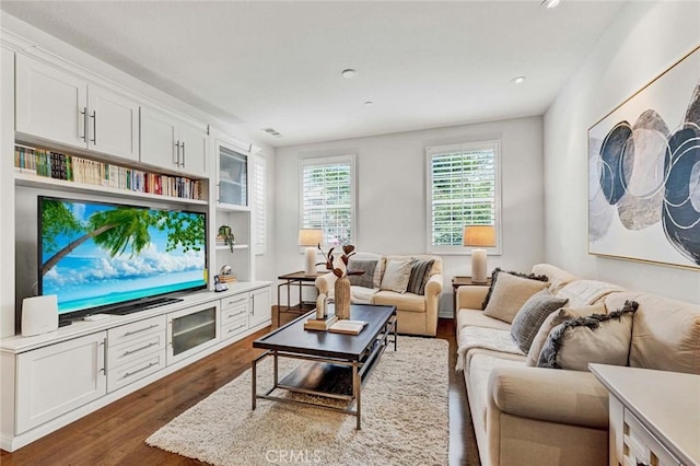 living room with dark wood-type flooring