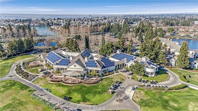 bird's eye view with a water view