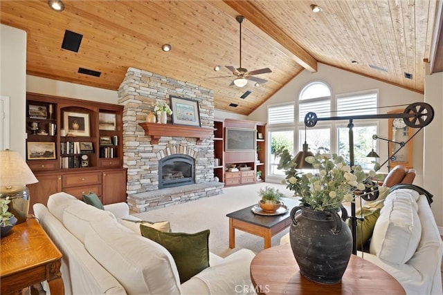 living room featuring high vaulted ceiling, wooden ceiling, carpet floors, beamed ceiling, and a fireplace