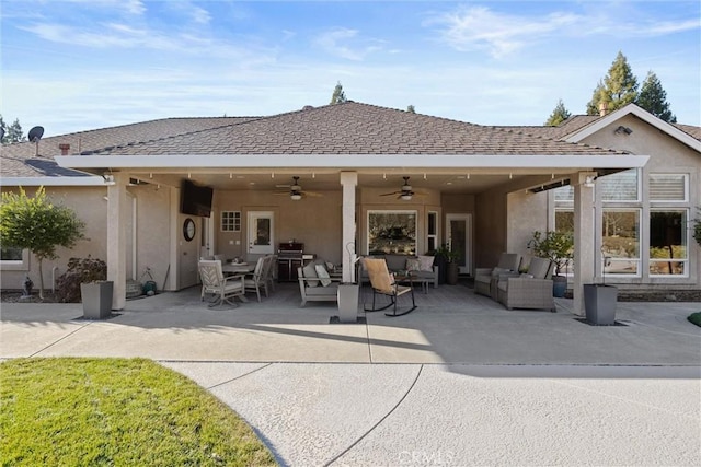 rear view of house featuring an outdoor hangout area, ceiling fan, and a patio area